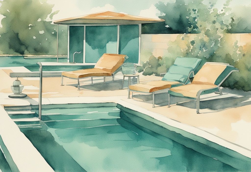 Vintage Aquarellillustration eines modernen Außenpool-Szenarios mit Gas-Poolheizung in der Nähe des Pools, Hauptfarbe Teal.