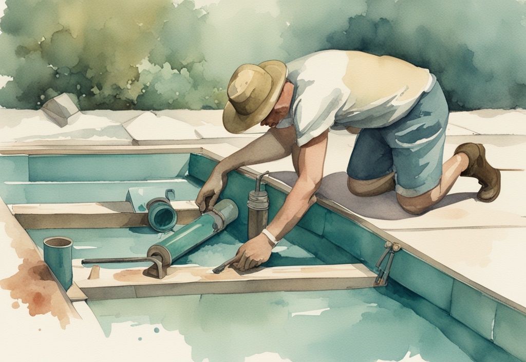 Vintage Aquarell-Illustration in Teal zeigt Schritt-für-Schritt-Anleitung zum Poolaufroller selber bauen mit verschiedenen Werkzeugen und Materialien.