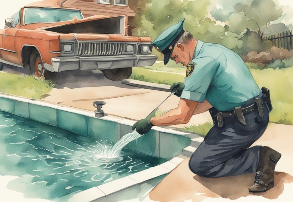 Vintage Aquarell-Illustration eines Hausbesitzers, der Poolwasser unsachgemäß in einen Regenabfluss entsorgt, während ein Polizist im Vordergrund eine Poolwasser entsorgen Strafe schreibt, Hauptfarbe Teal.