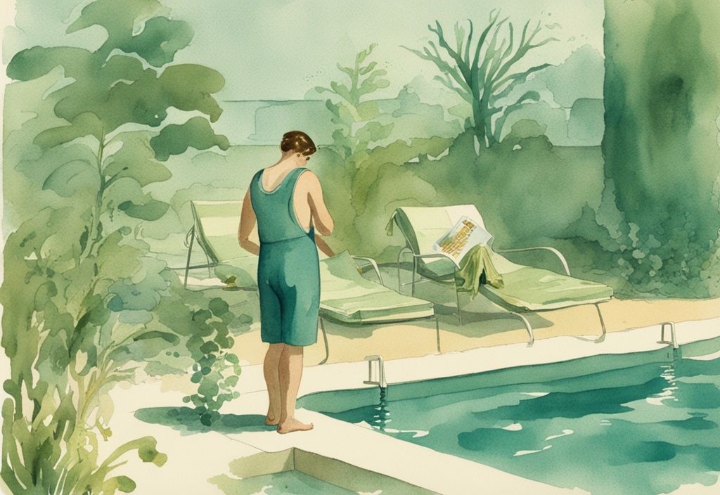 Vintage-Aquarellillustration eines mit Algen befallenen Schwimmbeckens und eines besorgten Poolbesitzers, der ein Faltblatt mit dem Titel 'Gefahren von Poolalgen' studiert.