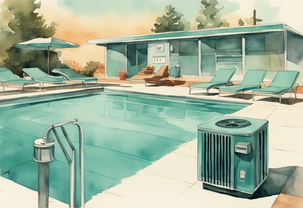 Vintage-Aquarell-Illustration eines modernen Außenpools mit Gas-Poolheizung in Teal-Farbtönen.