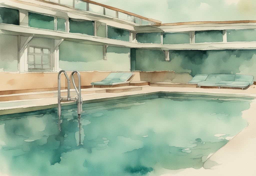 Vintage Aquarell-Illustration eines Schwimmbeckens mit Schimmelstellen in Teal-Farbtönen