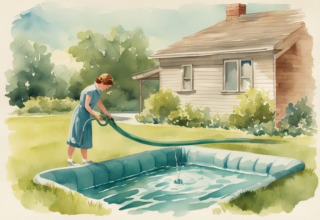 Vintage Aquarell-Illustration einer Person, die an einem sonnigen Tag im grasbewachsenen Garten mit einem Gartenschlauch Wasser aus einem kleinen, aufblasbaren Pool ablässt, Hauptfarbthema ist Türkis