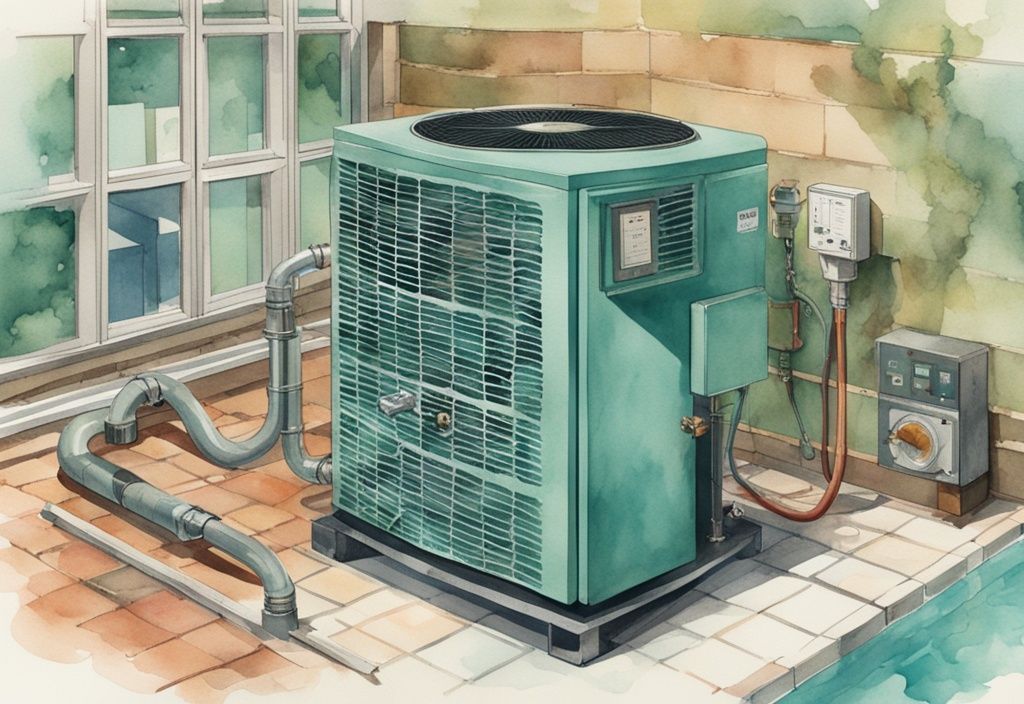 Vintage-Aquarell-Illustration mit modernem Pool-Wärmepumpen-Inverter in Teal, umgeben von technischen Werkzeugen und Indikatoren.