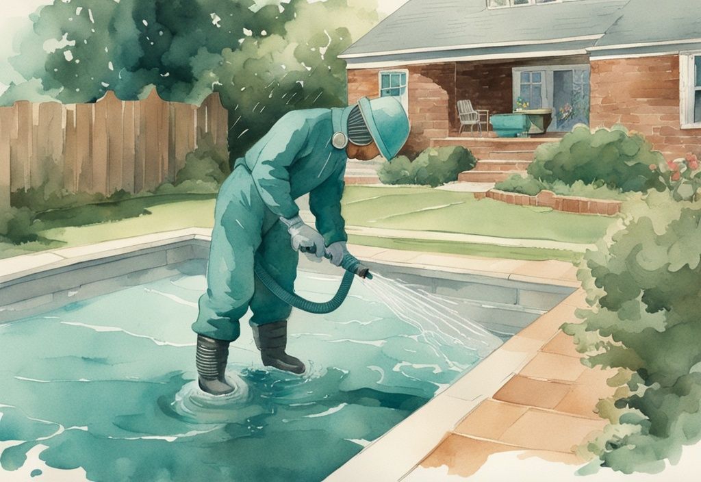 Vintage Aquarell-Illustration einer Person in Schutzkleidung, die mit einem großen Schlauch Wasser aus einem Hinterhof-Schwimmbecken in einen nahegelegenen Regenabfluss abpumpt, Hauptfarbthema Teal.