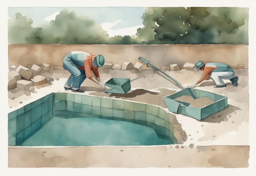 Vintage-Aquarellillustration in Teal, die demarkierte Nivellierwerkzeuge, Betonsäcke und verdichteten Kies zeigt, um den Pool-Untergrund selber bauen.