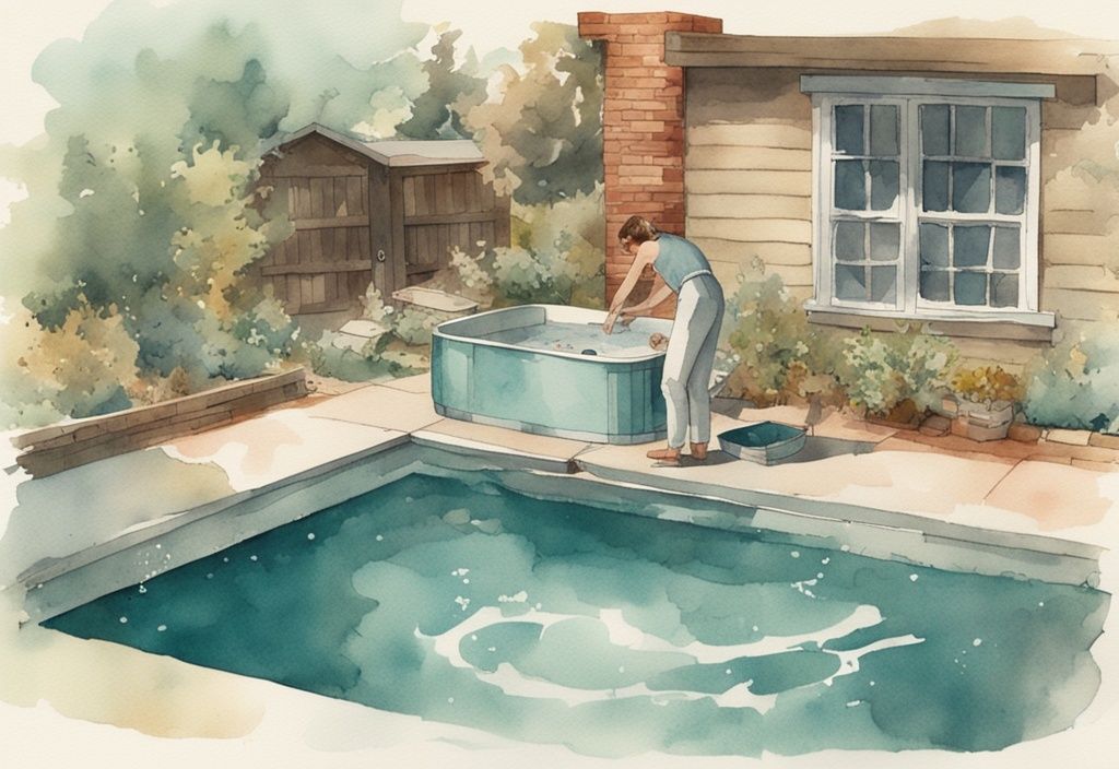 Vintage-Aquarellillustration einer Person, die in einem Garten eine selbstgemachte Jacuzzi zusammenbaut, Hauptfarbthema: Türkis.