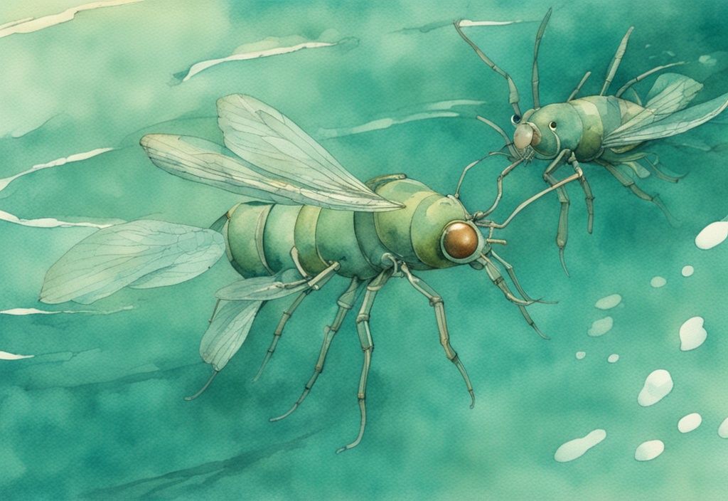 Vintage Aquarell-Illustration von nicht beißenden Mückenlarven in einem transparenten Schwimmbecken, Hauptfarbton Teal