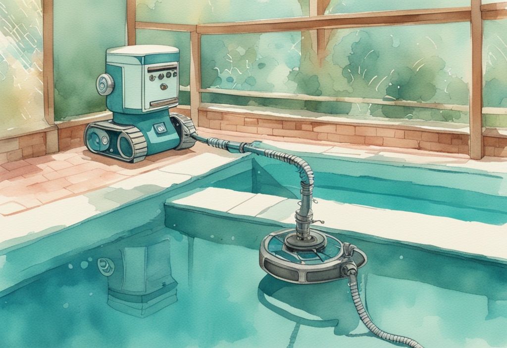 Vintage-Aquarellillustration eines Wybot-Poolroboters, der einen funkelnden blauen Pool effizient reinigt, mit sichtbarem Vorher-Nachher-Kontrast, Hauptfarbthema Teal.