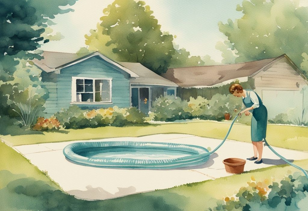 Vintage Aquarellillustration: Person nutzt Gartenschlauch, um Wasser aus kleinem aufblasbaren Pool an einem sonnigen Tag im grasigen Garten abzulassen, Hauptfarbe Türkis.