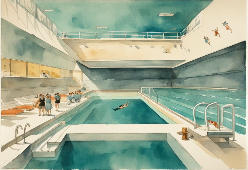 Vintage-Aquarell-Illustration eines Schwimmbeckens in Teal, zeigt unterschiedliche Tiefen mit einem Taucher am tiefsten Punkt zum Vergleich, wie tief darf ein Pool sein.