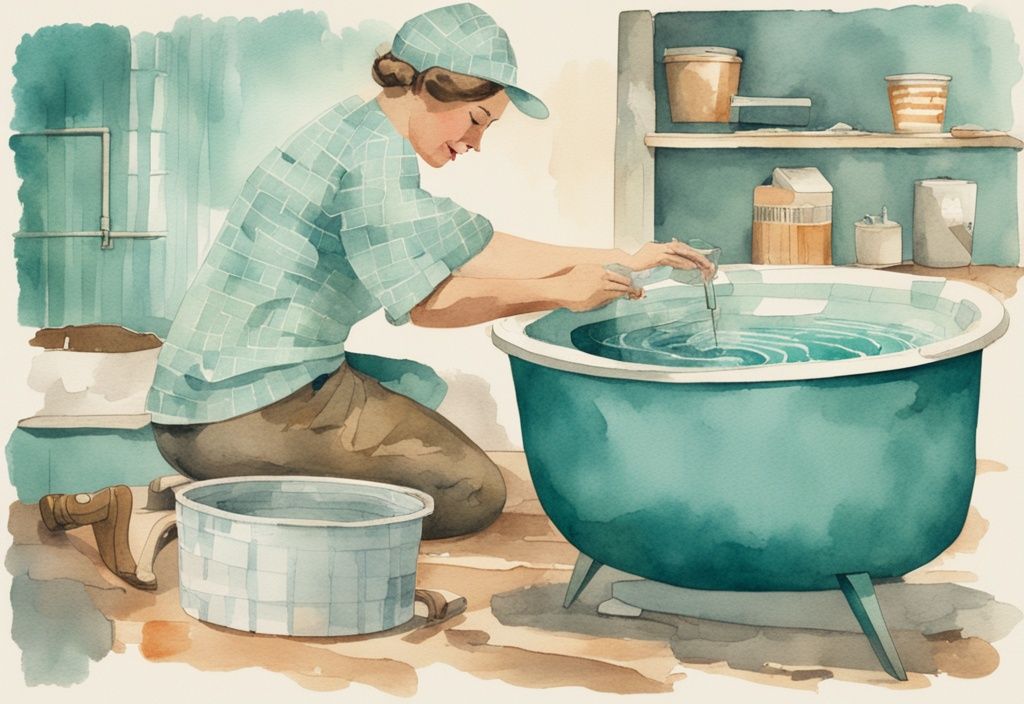 Vintage Aquarell-Illustration eines DIY Whirlpools mit Teal-Farbschema, zeigt Schritte zur Konstruktion eines selbstgemachten Whirlpools mit Haushaltsgegenständen.