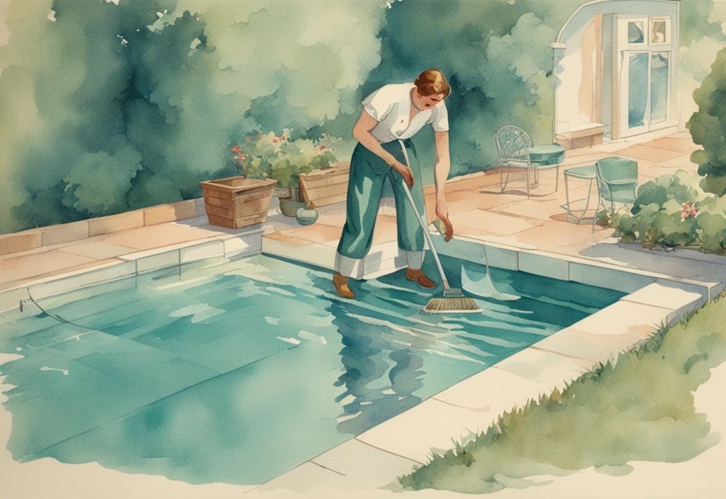 Vintage-Aquarell-Illustration einer Person, die die Poolfolie reinigen ohne Wasser ablassen mit Spezialwerkzeugen und -ausrüstung. Hauptfarbthema: Teal.