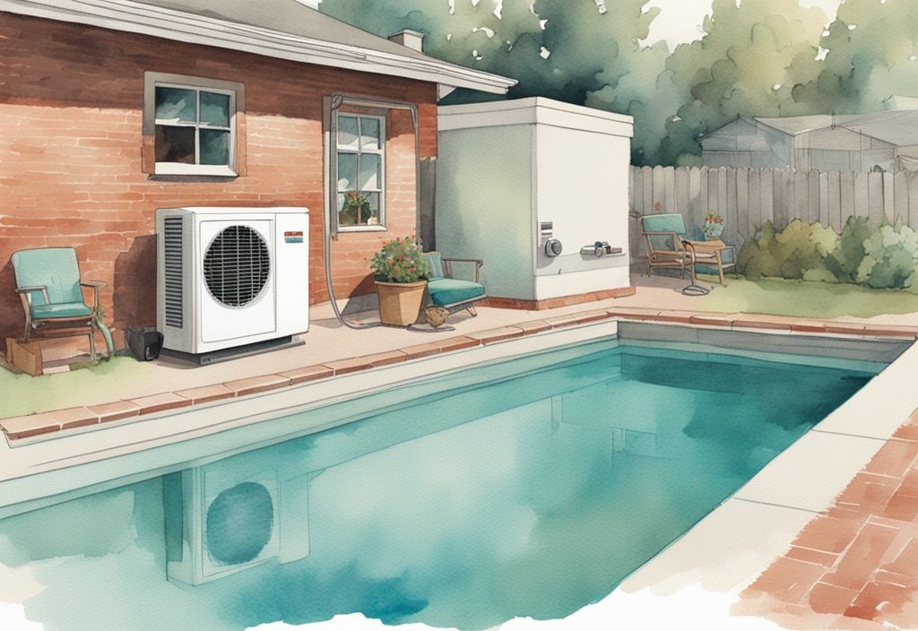 Vintage-Aquarell-Illustration eines Pool-Wärmepumpe Inverter Tests mit sichtbaren Temperaturanzeigen und Energieeffizienzmetriken auf einem Monitor, Hauptfarbton Türkis