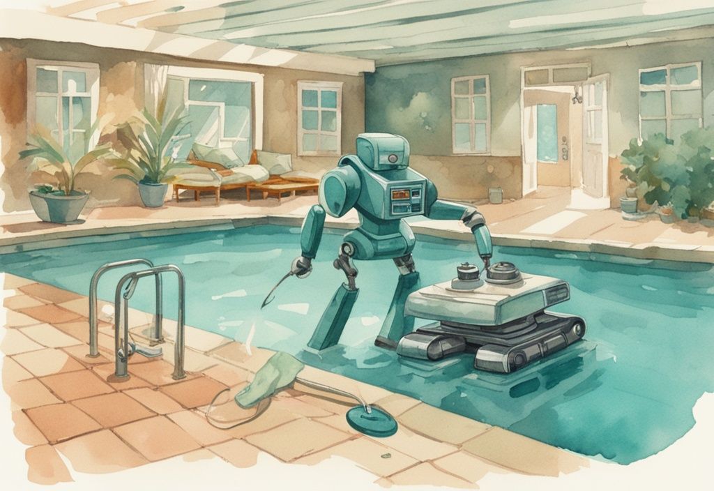 Vintage Aquarell-Illustration eines Poolroboters in einem Swimmingpool mit Preisschild, Hauptfarbe Türkis