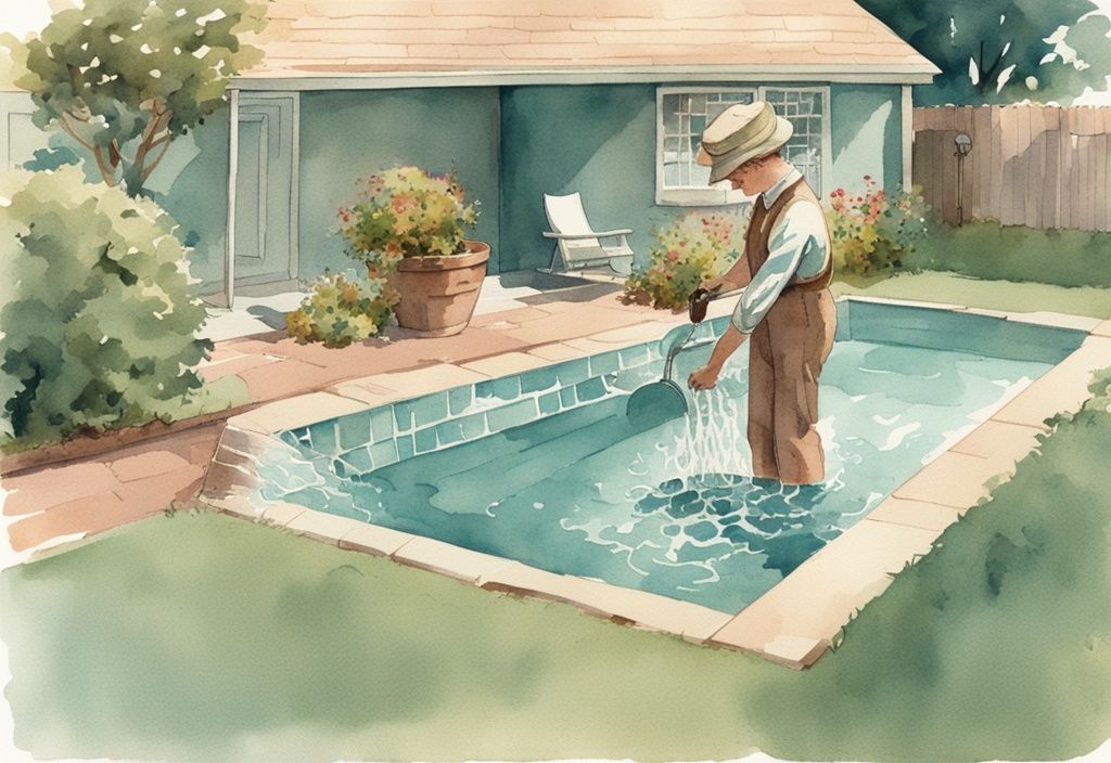 Vintage Aquarellillustration in Teal-Tönen zeigt eine Person, die sicher Poolwasser im Gulli entsorgen.