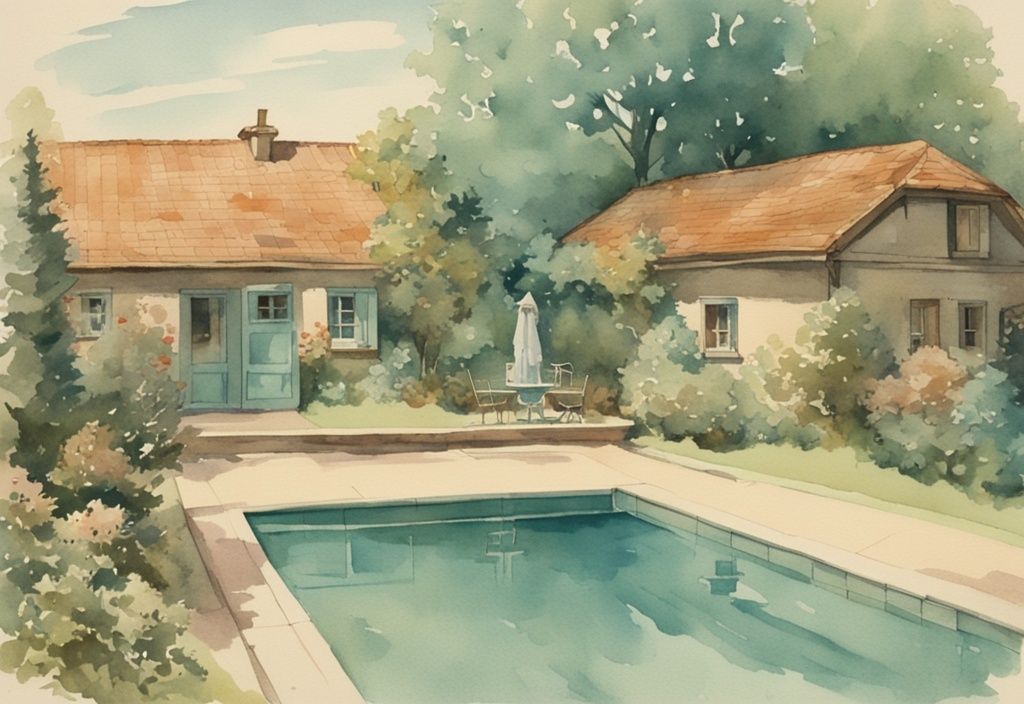 Vintage Aquarell-Illustration eines idyllischen Pools im bayerischen Garten mit Teal-Farbthema und Entfernungsmarkierungen zur Nachbargrundstück.