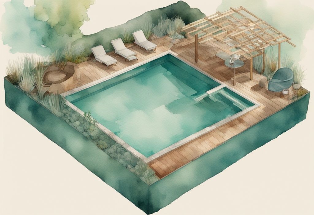 Vintage Aquarell-Illustration mit DIY-Bau eines Biodesign-Pools in Teal-Farbtönen, verschiedene Bauphasen von Rohmaterialien bis zum fertigen, umweltfreundlichen Pool.