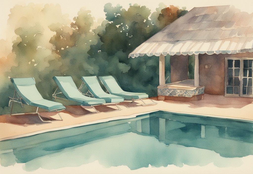 Vintage Aquarell-Illustration eines Pools unter der heißen Sonne mit aufsteigendem Wasserdampf, der Verdunstung symbolisiert, Hauptfarbe Teal.