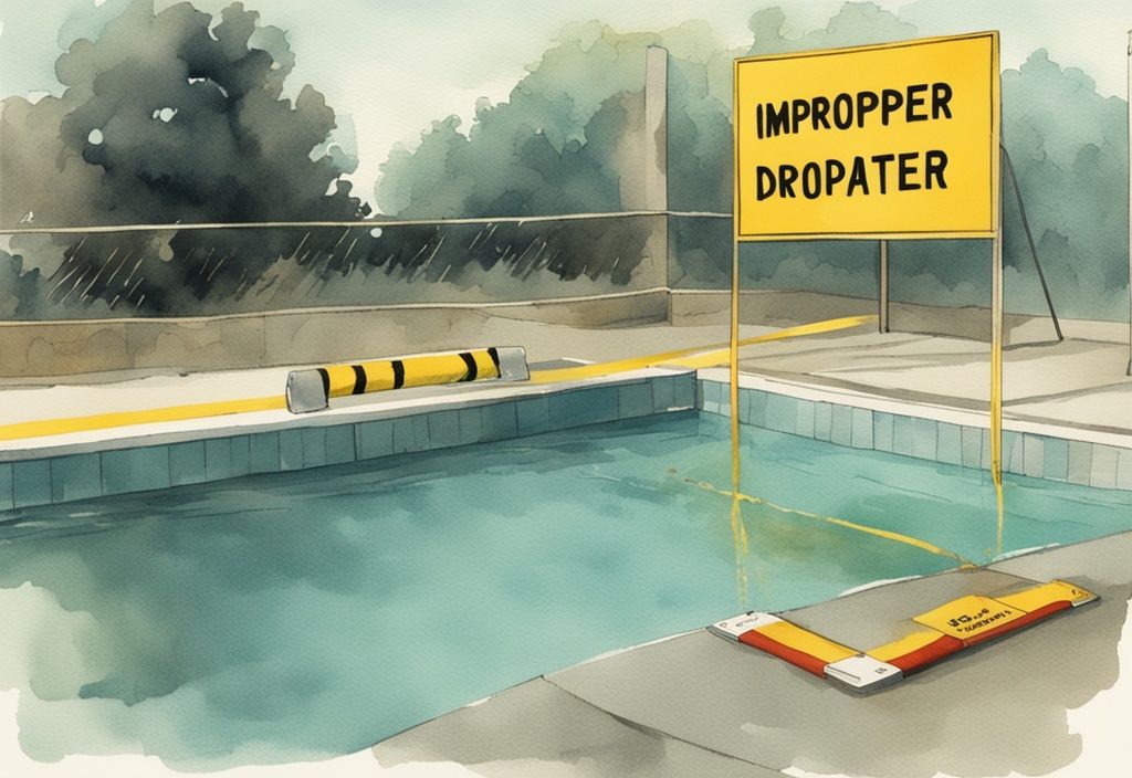 Vintage Aquarell-Illustration eines entleerten Pools mit Absperrband und Hinweisschild zur Strafe bei unsachgemäßer Entsorgung von Poolwasser in Türkis-Tönen