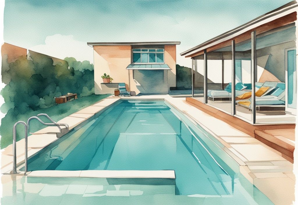 Vintage Aquarell-Illustration mit modernem Gas-Poolheizer neben einladendem Schwimmbecken unter klarem, blauem Himmel in Teal-Farbtönen.