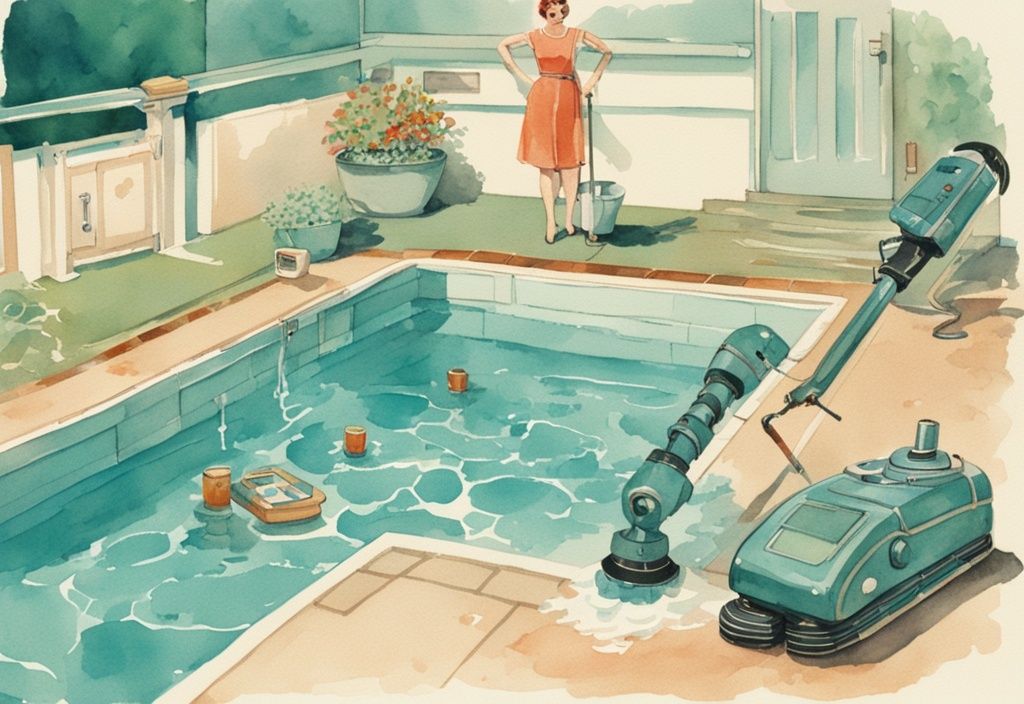 Vintage Aquarell-Illustration eines Poolroboters in Aktion, der einen funkelnd sauberen Pool reinigt, mit Kalender im Hintergrund, der zeigt, wie oft Poolroboter einsetzen.