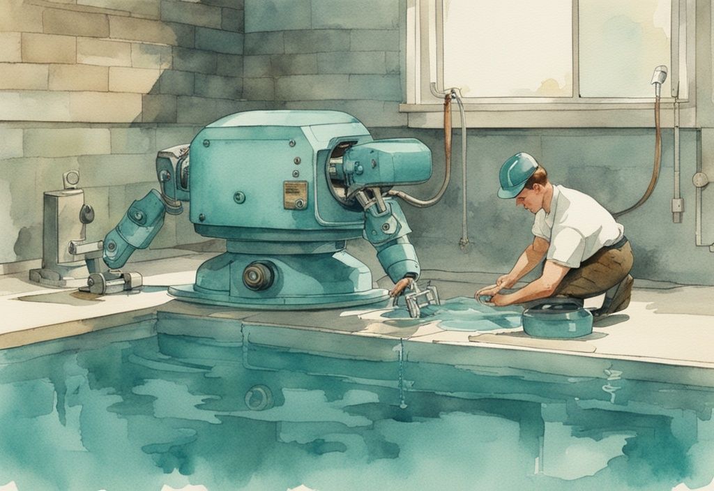 Vintage Aquarell-Illustration eines Technikers, der geschickt an den inneren Mechanismen eines Poolroboters arbeitet, Hauptfarbthema in Türkis.