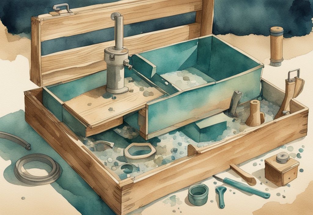 Vintage-Aquarell-Illustration eines neu gebauten Holzbehälters mit Sandfiltersystem, umgeben von verstreuten Werkzeugen und einem DIY-Bauplan im Hintergrund, Hauptfarbton ist Türkis.