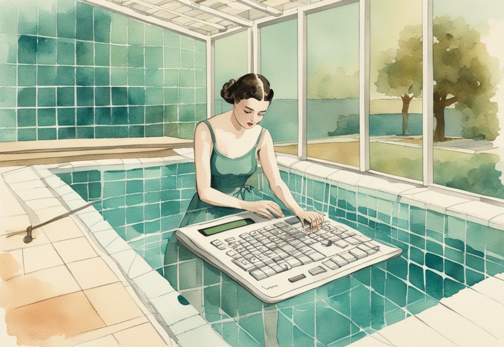 Vintage Aquarell-Illustration einer Person, die neben einem Schwimmbecken mit transparenten Gittern zur Messung einen Taschenrechner benutzt, um das Volumen Pool berechnen zu können.