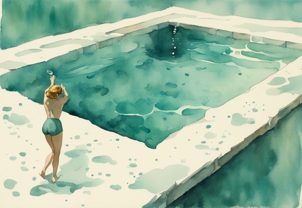 Vintage Aquarellillustration einer Person unter Wasser in einem kristallklaren Bestway-Pool, die auf ein kleines Loch im Boden zeigt - Bestway-Pool loch im Boden finden.