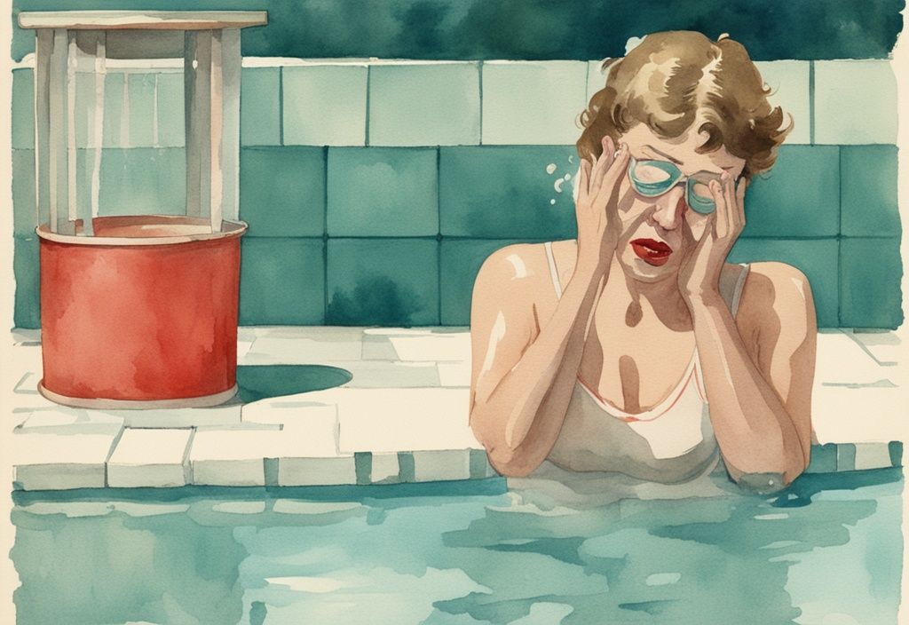 Vintage-Aquarell-Illustration eines Schwimmers mit roten Augen, Hautreizungen und Husten am Poolrand, Symptome von zu viel Chlor im Pool, Hauptfarbe Teal