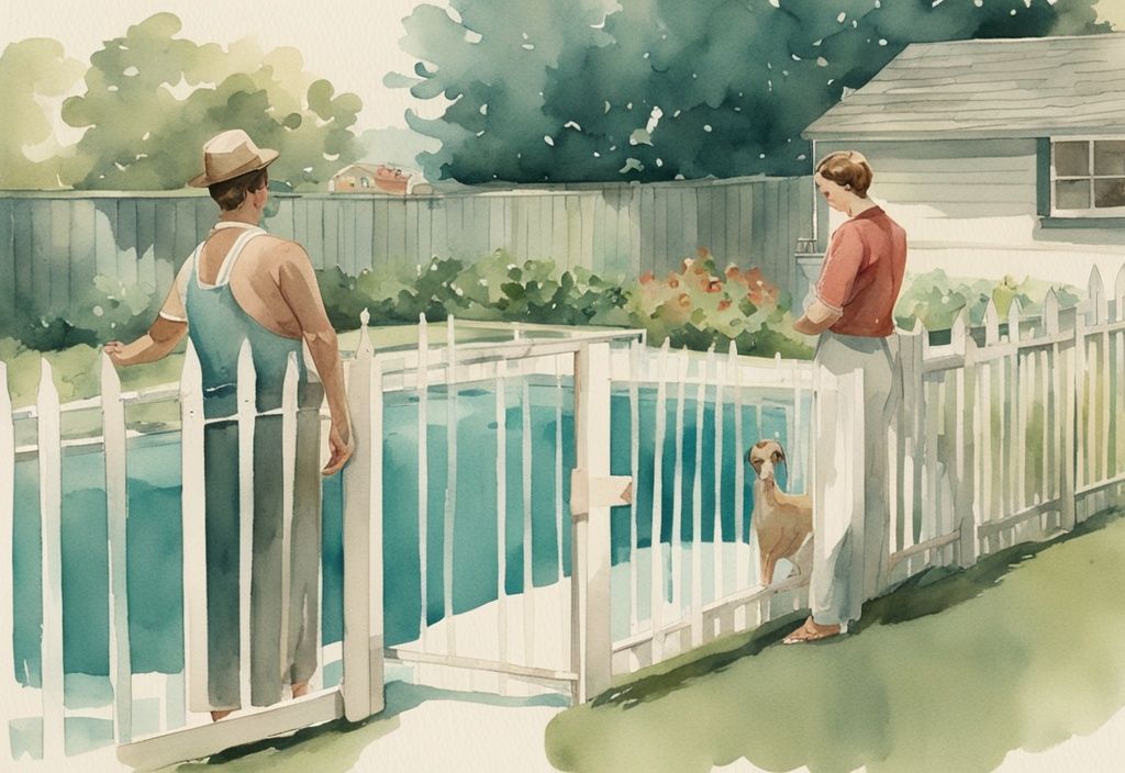 Vintage Aquarellillustration von zwei Nachbarn im Gespräch über den gemeinsamen Zaun, mit sichtbarem Swimmingpool im Hintergrund - Nachbarschaftsrechte beim Swimmingpool.