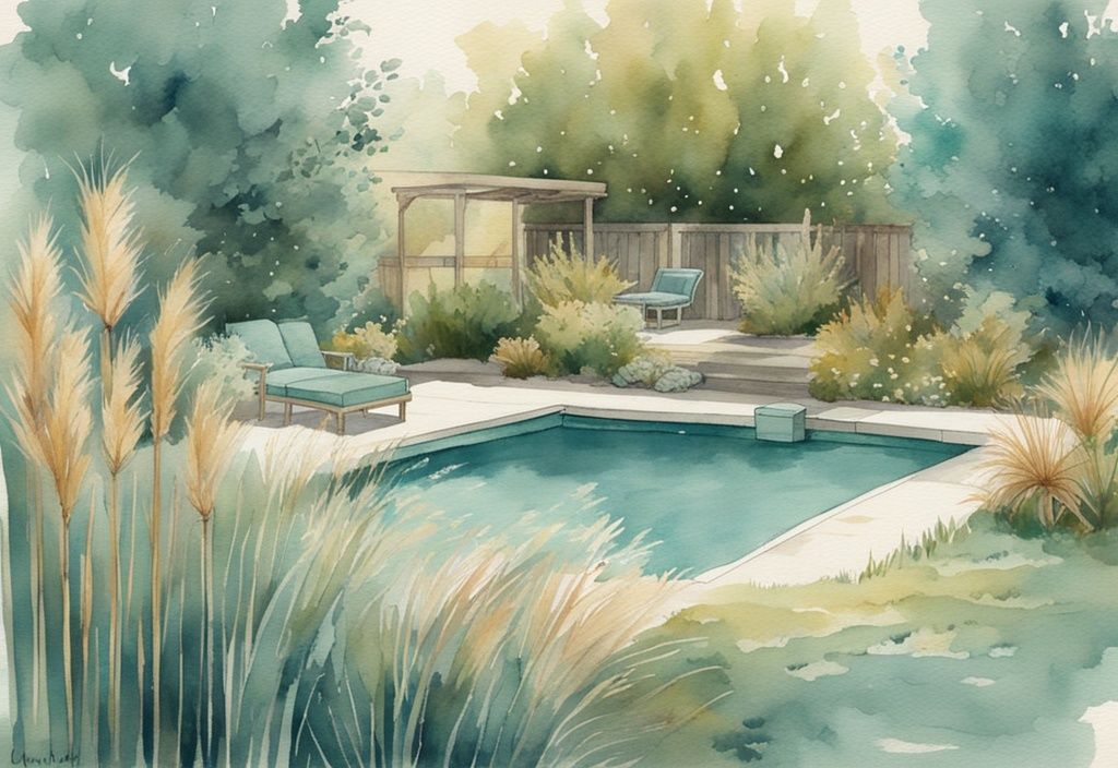 Vintage-Aquarellillustration einer ruhigen Gartenoase mit einem funkelnden Pool, umgeben von hohen, dekorativen Gräsern; Poolbepflanzung mit Gräsern in Teal-Farbtönen.