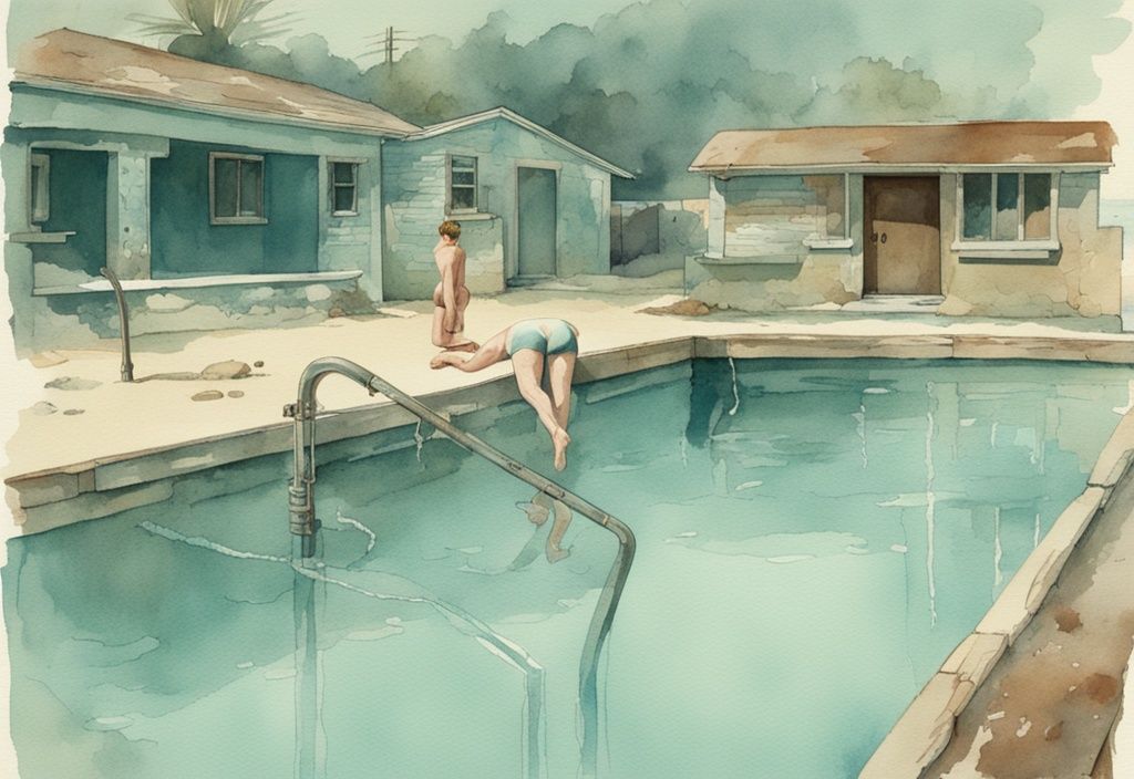 Vintage-Aquarell-Illustration eines korrodierten Salzwasserpools mit beschädigter Ausrüstung und unglücklichem Schwimmer mit gereizten Augen und Haut in Teal-Farbtönen.