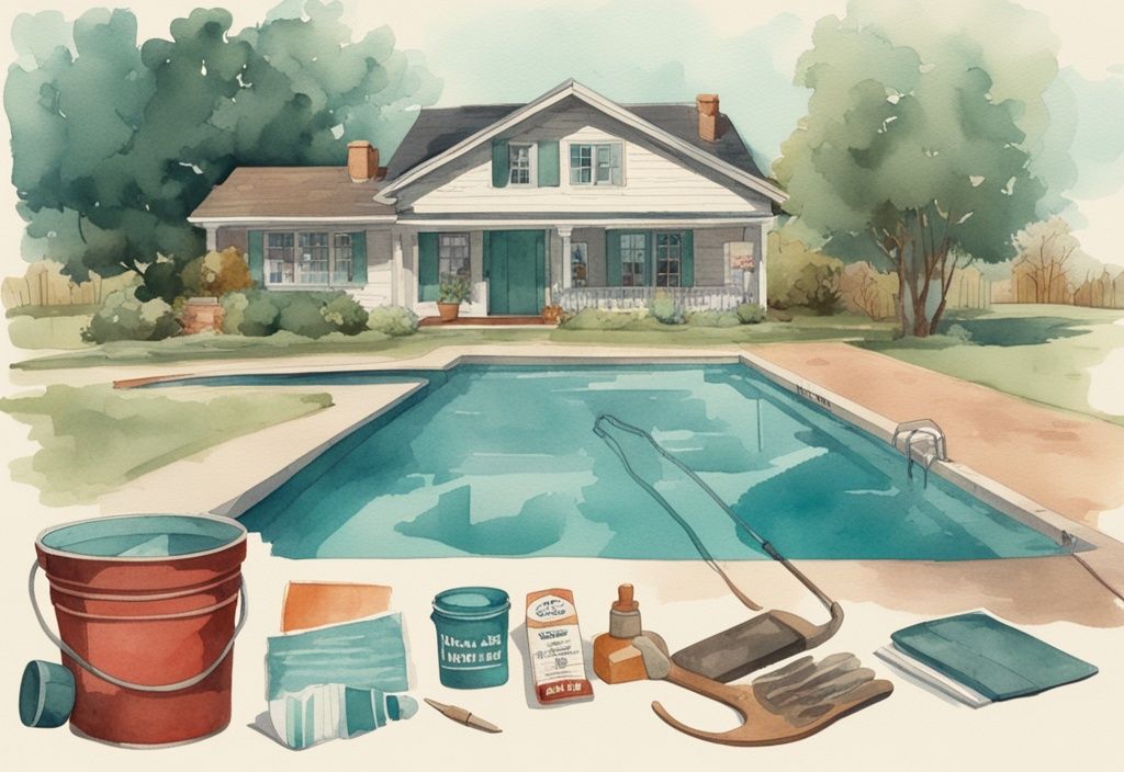 Vintage-Aquarell-Illustration eines Werkzeugkastens mit Pool-Reparatur-Ausrüstung wie Flicksets, Gummihandschuhen und einem Eimer mit Hausmittel neben einem beschädigten Heim-Swimmingpool – Pool flicken Hausmittel.