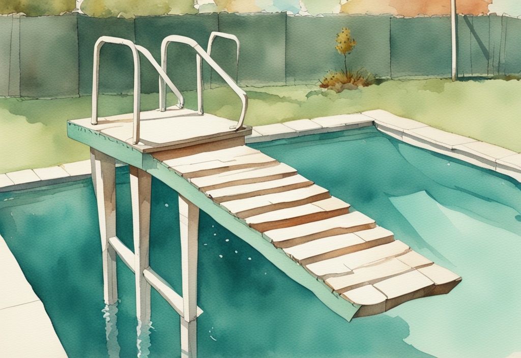 Vintage Aquarell-Illustration eines selbstgebauten Sprungbretts neben einem Wohnpool, Hauptfarbe Teal - Sprungbrett Pool selber bauen.