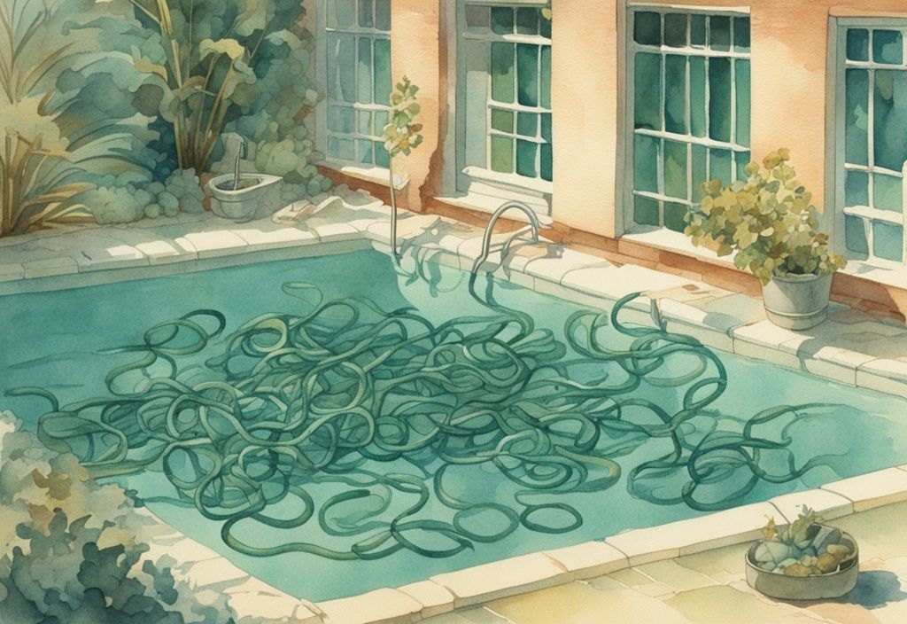 Vintage Aquarell-Illustration mit durchsichtigen Würmern im Pool, schwimmend in einem sonnigen, ruhigen Schwimmbecken, Hauptfarbe Teal.