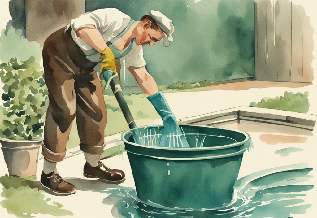 Vintage Aquarell-Illustration eines professionellen Poolreinigers in Niedersachsen, der einen großen Eimer Wasser ausschüttet, Hauptfarbe Teal.