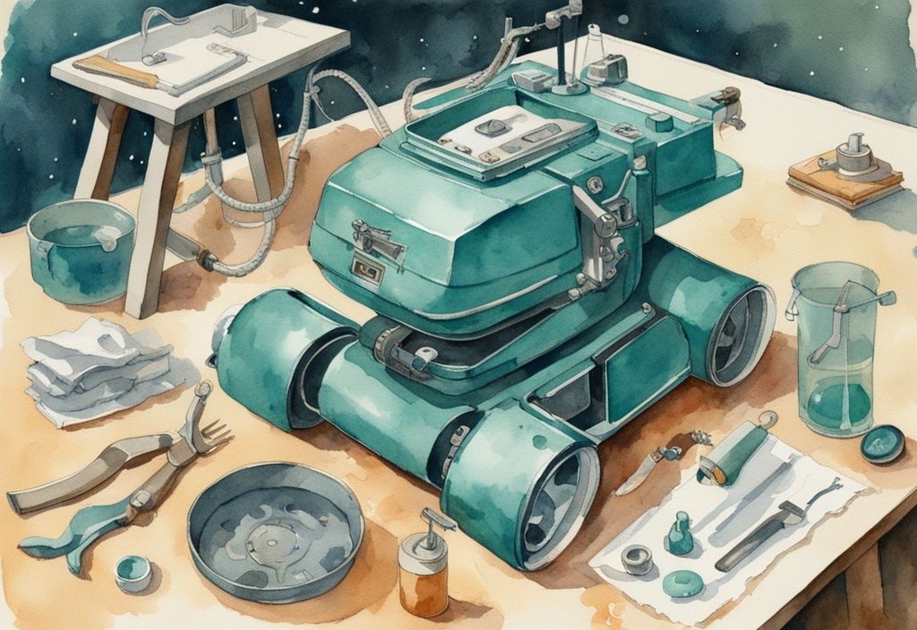 Vintage-Aquarell-Illustration eines geöffneten Zodiac-Poolreinigungsroboters mit verstreuten Teilen und Werkzeugen auf einem Tisch, Reparaturprozess, Hauptfarbthema: Teal.