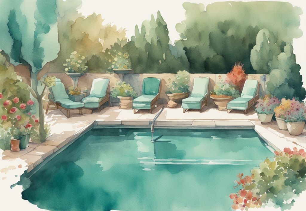 Vintage Aquarell-Illustration eines kleinen Pools in einem angelegten Garten mit Preisschildern an Pool, Gartenmöbeln und Pflanzen, Hauptfarbton Türkis