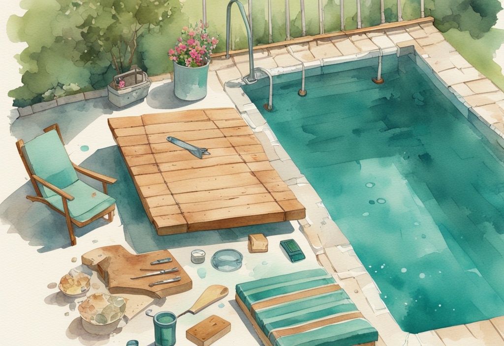 Vintage Aquarell-Illustration, Hauptfarbe Teal, Vogelperspektive auf funkelnden Hinterhof-Pool mit selbstgemachtem Holz-Sprungbrett und verstreuten DIY-Werkzeugen.