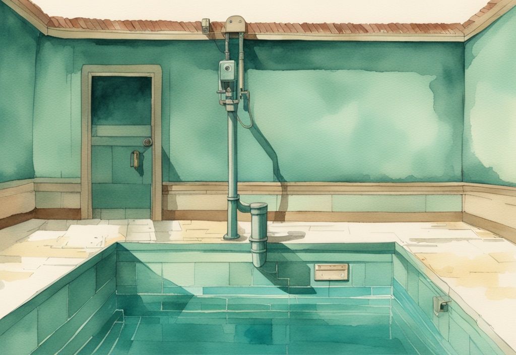 Vintage Aquarell-Illustration eines leeren Pools mit sichtbarem Bodenabfluss und abfließendem Wasser, Hauptfarbthema ist Türkis