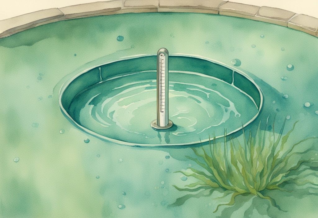 Vintage Aquarell-Illustration eines Poolthermometers, das in einem leicht grünlichen Pool mit beginnender Algenbildung an den Rändern schwimmt, Hauptfarbthema Teal.