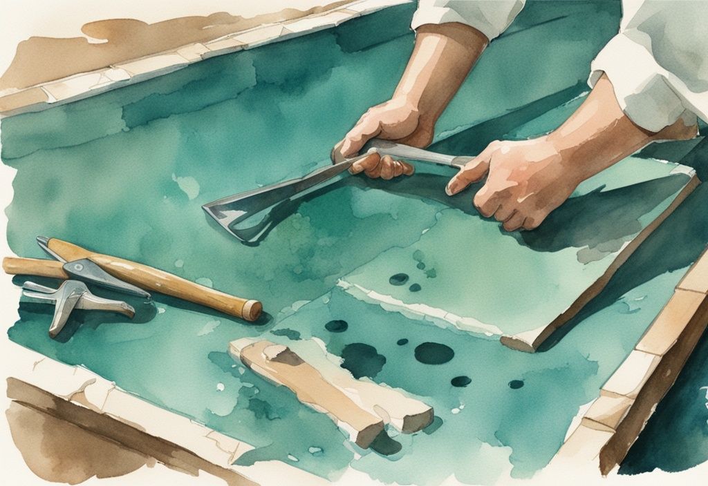 Vintage-Aquarell-Illustration einer Person, die eine Poolabdeckung selber bauen mit Werkzeugen und Materialien um sich herum.