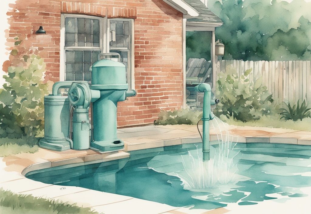 Vintage Aquarell-Illustration eines Poolpumpensystems mit Schutzabdeckung in Betrieb, neben einem glitzernden Schwimmbecken im Garten, Hauptfarbe: Türkis.