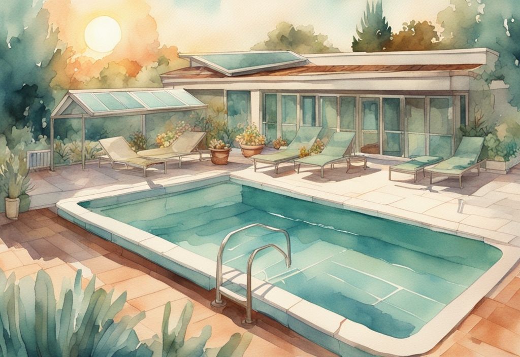 Vintage-Aquarell-Illustration eines luxuriösen Solarthermie-Pools im Freien, beheizt durch Solarpaneele auf dem Dach, mit warmem Sonnenlicht, das die Umweltfreundlichkeit betont.