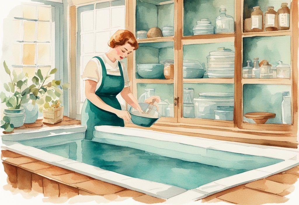 Vintage Aquarell-Illustration einer Person, die mit Hausmitteln wie Natron und Essig den Pool-pH-Wert senken Hausmittel.