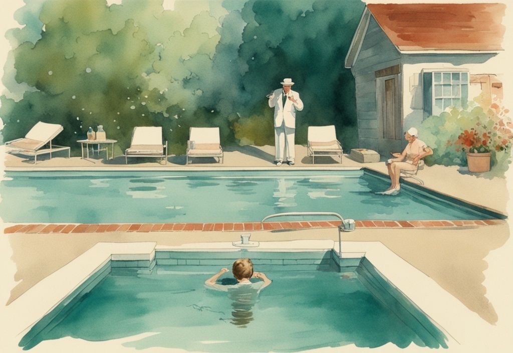 Vintage Aquarell-Illustration eines Pool-Szenarios in Türkis, mit sichtbarer Poolausrüstung und einer Person, die den Chlorwert Pool testet.