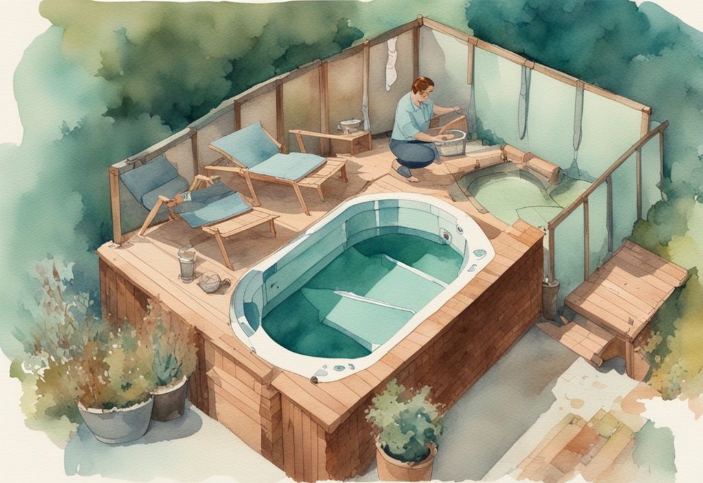 Vintage Aquarell-Illustration einer Person, die im Garten einen selbstgebauten Jacuzzi zusammenbaut, Hauptfarbe Türkis