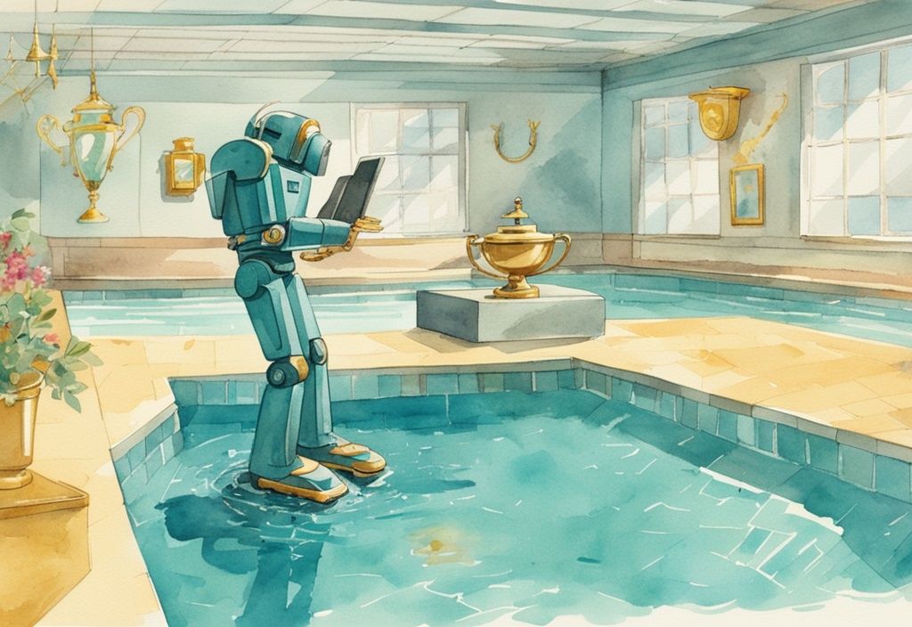 Vintage-Aquarell-Illustration eines Poolroboters, der einen funkelnden Swimmingpool reinigt, mit einem goldenen Pokal als Testsieger, Hauptfarbe Teal.